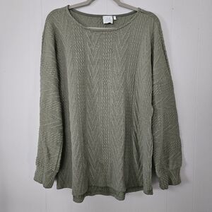 Green Cable Knit Sweater Women XL Boat Neck Tunic Long Sleeve Knit Pullover Cozy